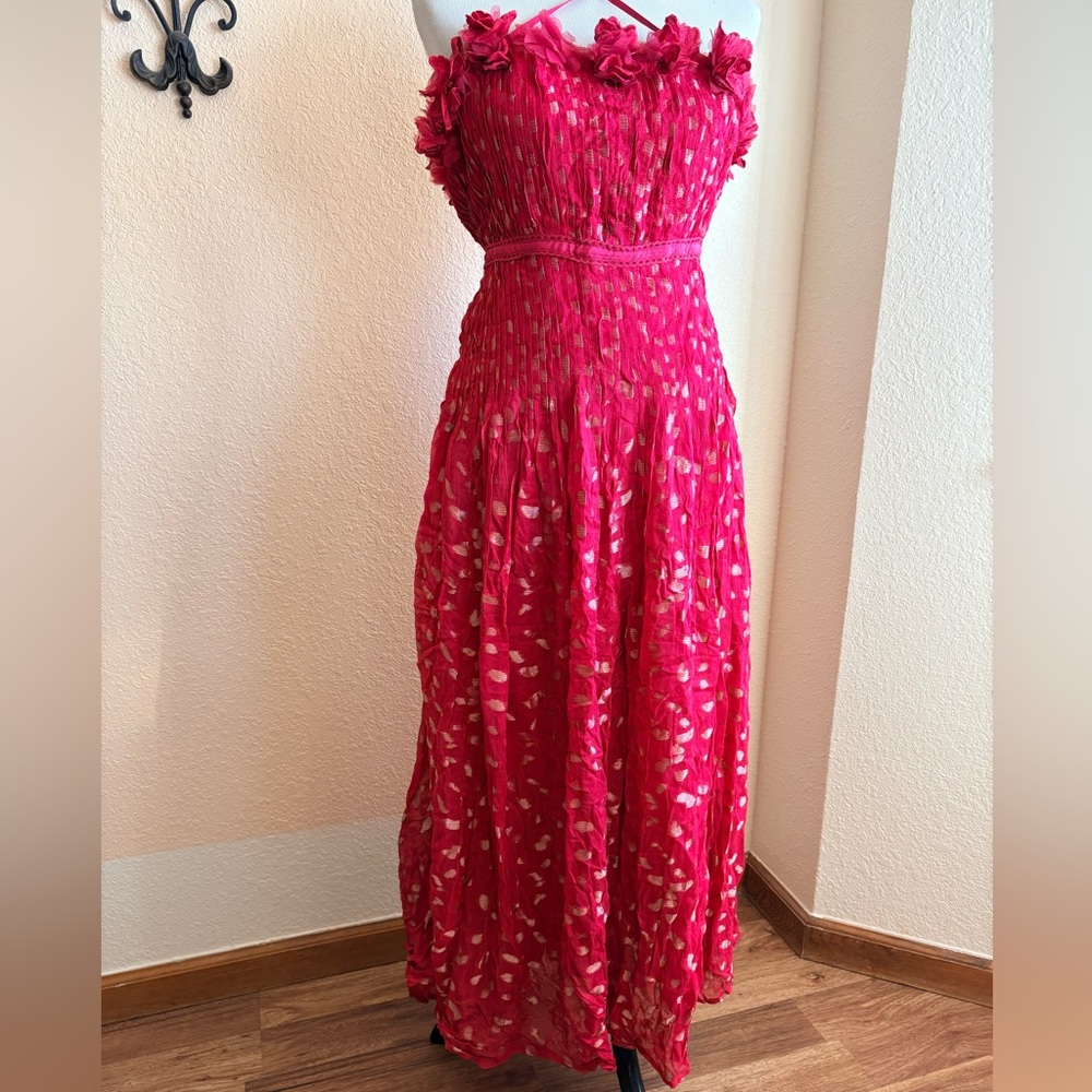 Bhanuni by Jyoti Sun Dress Chic Red Halter Maxi Dress with Floral Accents Sz XXS